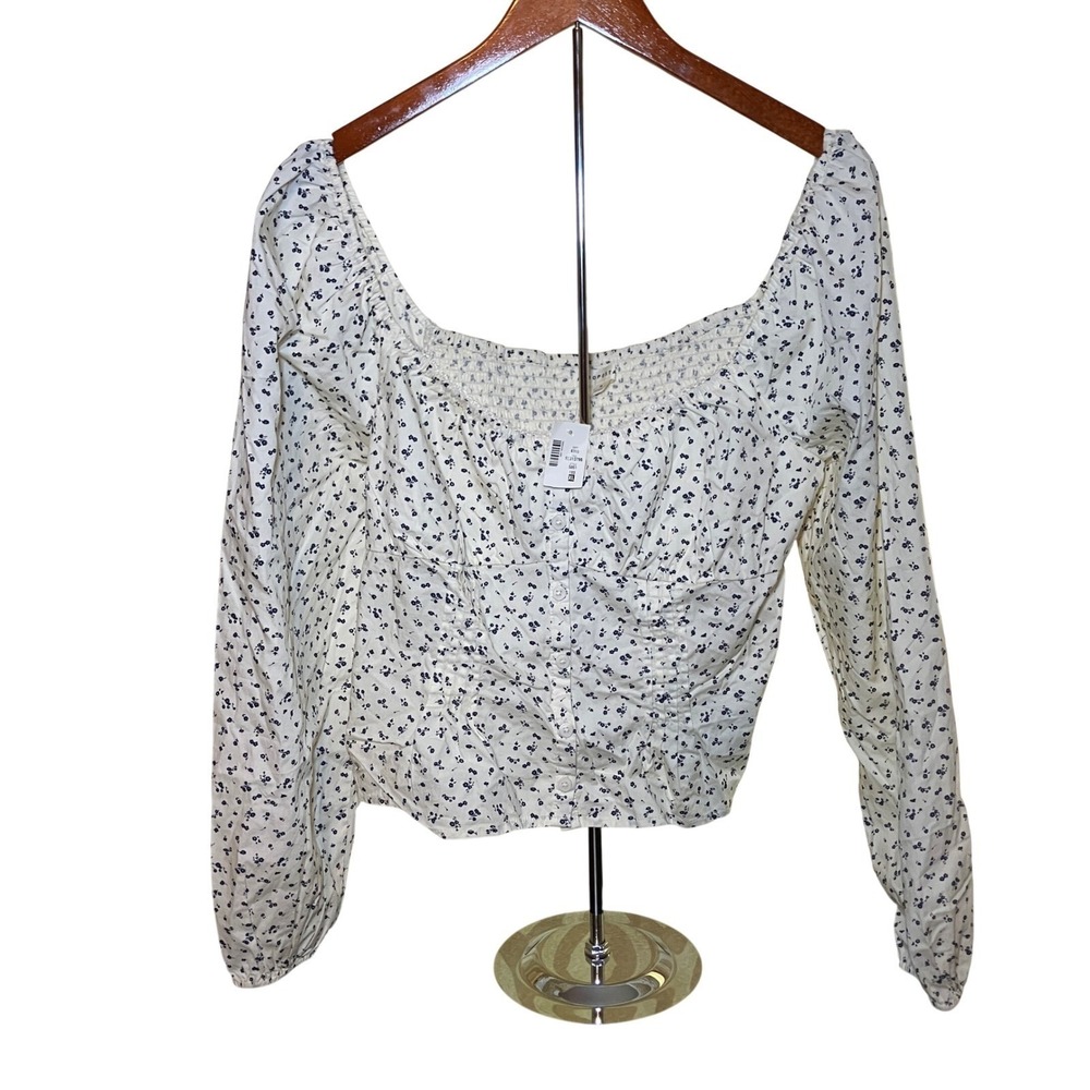 Aeropostale Floral Puff Sleeve Top Womens XL Cream Navy New Button Front Smocked